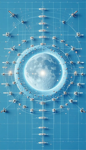 In This Image, There Is A Large Blue Circle With A Moon Inside Of It