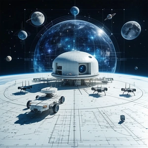 In This Image, There Is A Large White Space Station With A Dome-shaped Structure