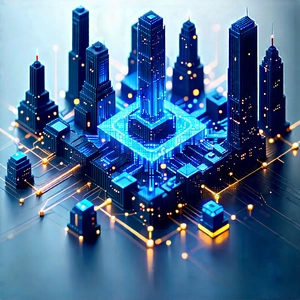 Blockchain Network Visualization With Futuristic Cityscape