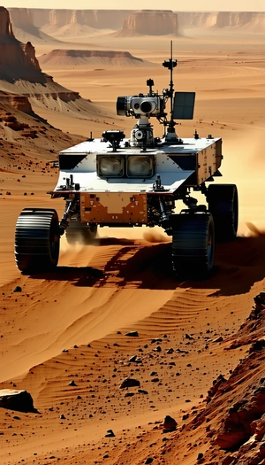 A Robotic Vehicle Is Driving Across A Sandy Terrain