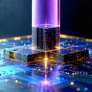 Quantum Computer With Laser Scanning With Blue Purple