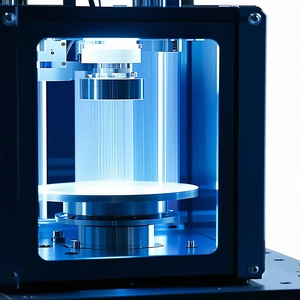 A Large, Blue Machine With A Clear Glass Top