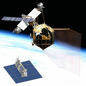 A Large Spacecraft With A Satellite Attached To The Side Of It