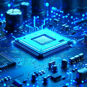 Circuit board with blue light glow