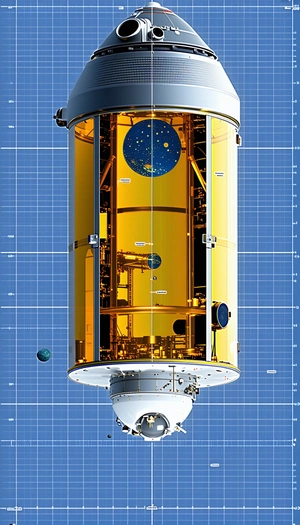 A Large Spacecraft Is Shown In A Blue And White Drawing