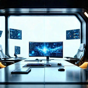 (futuristic:1.13) Tech Startup Office With Image, There