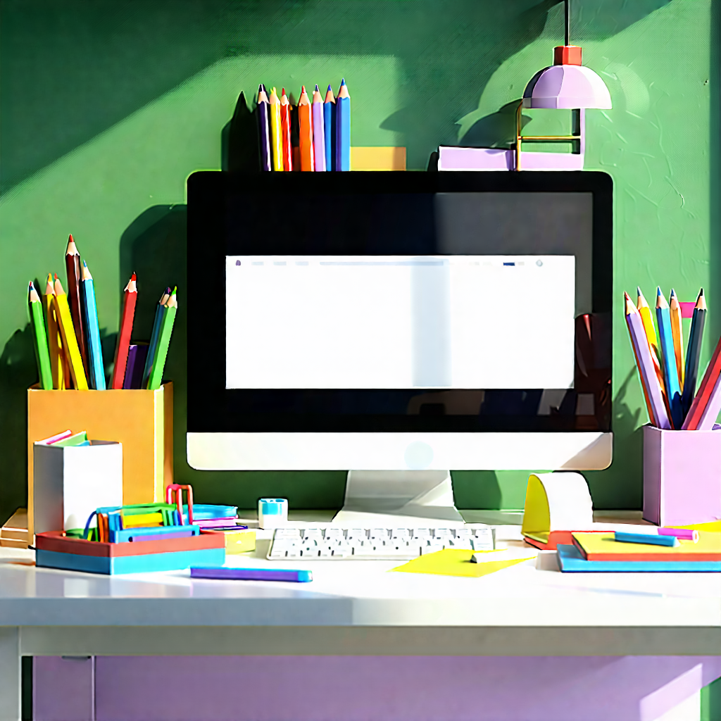Business Low Poly: Workplace With Modern Office Supplies On Desk With Desk Computer