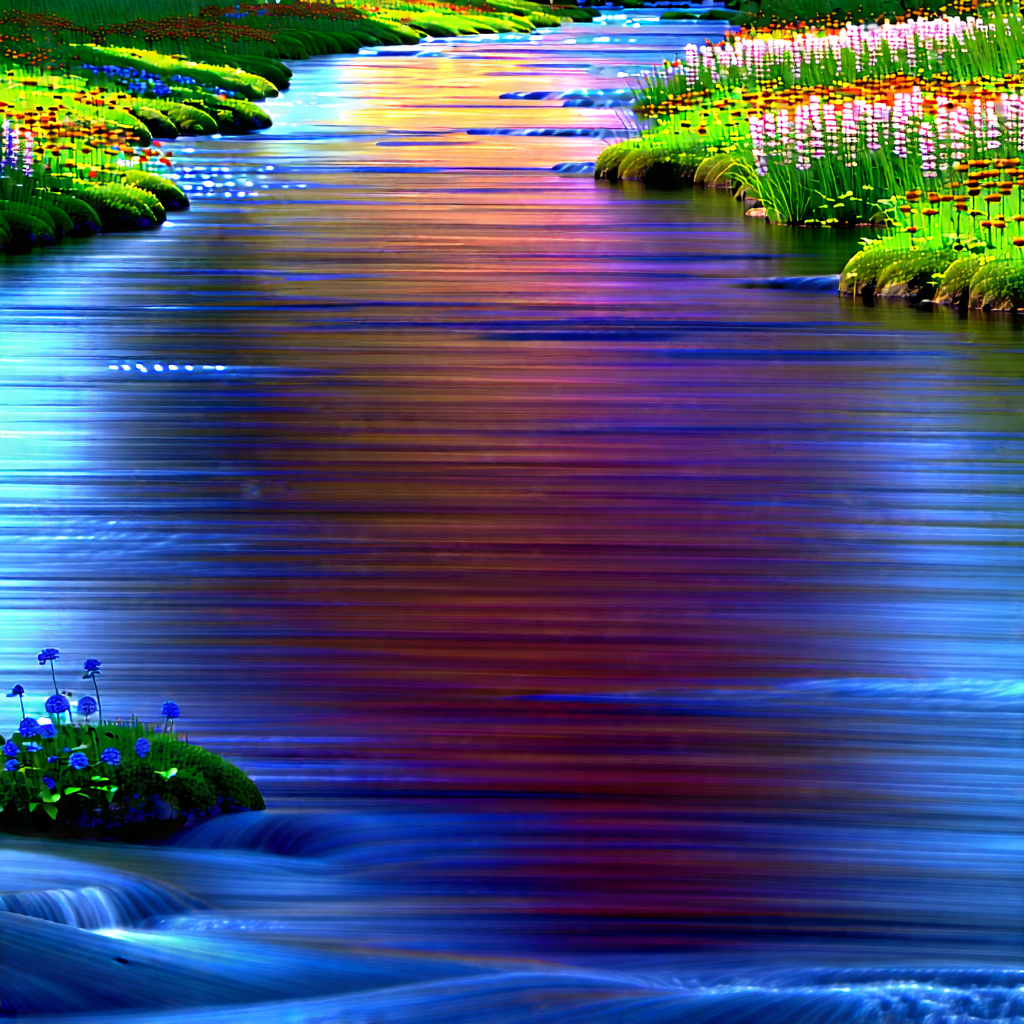 Nature 3d Render: Rushing River Surrounded By Wildflowers With Beautiful Waterfall
