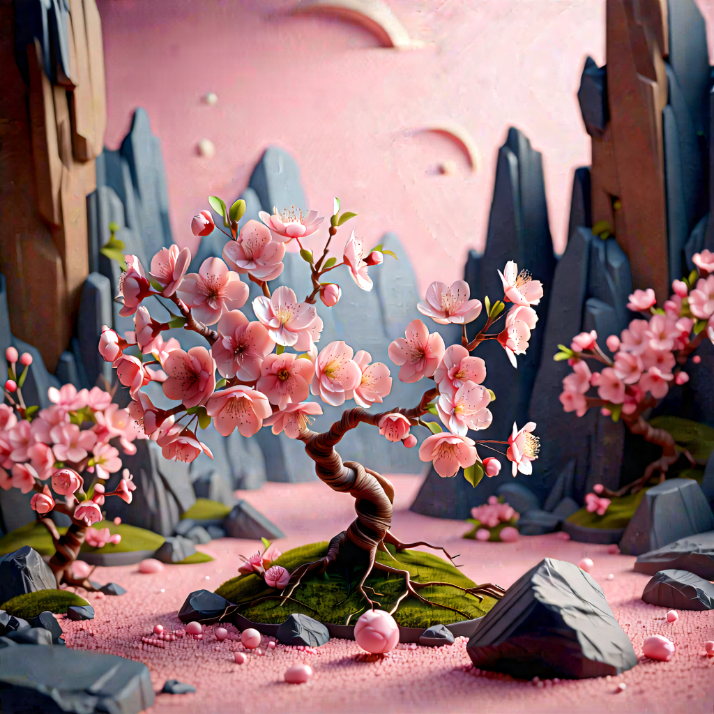 Nature Diagram Style: Cherry Blossoms In Rocky Terrain With Beautifully Painted
