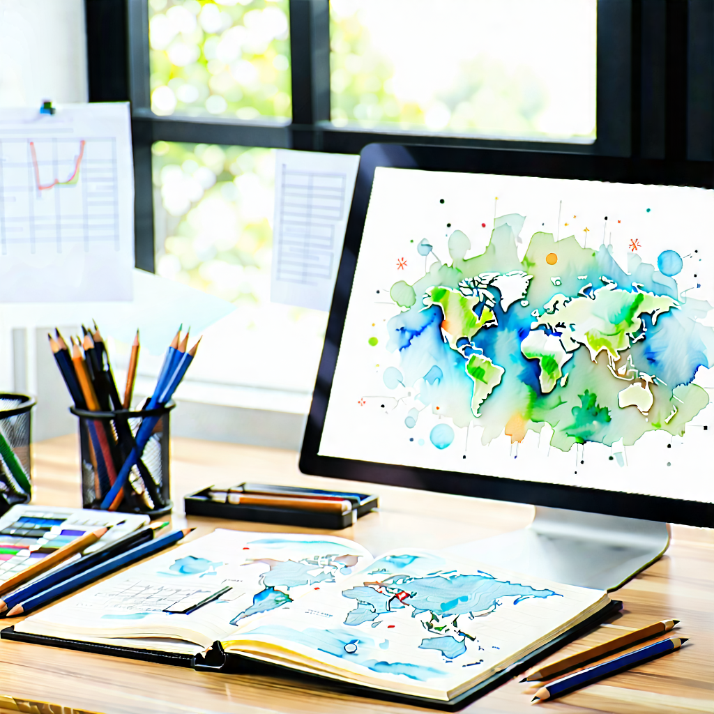 Business Watercolor Painting: Workplace with productivity tools on desk