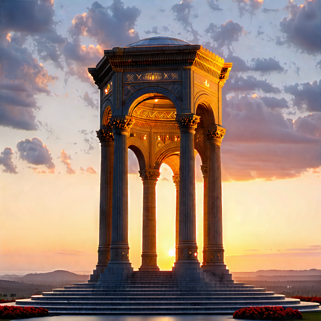 Urban Technical Illustration: Historic Monument With Sunset (glow:1.37) With Large, Ornate