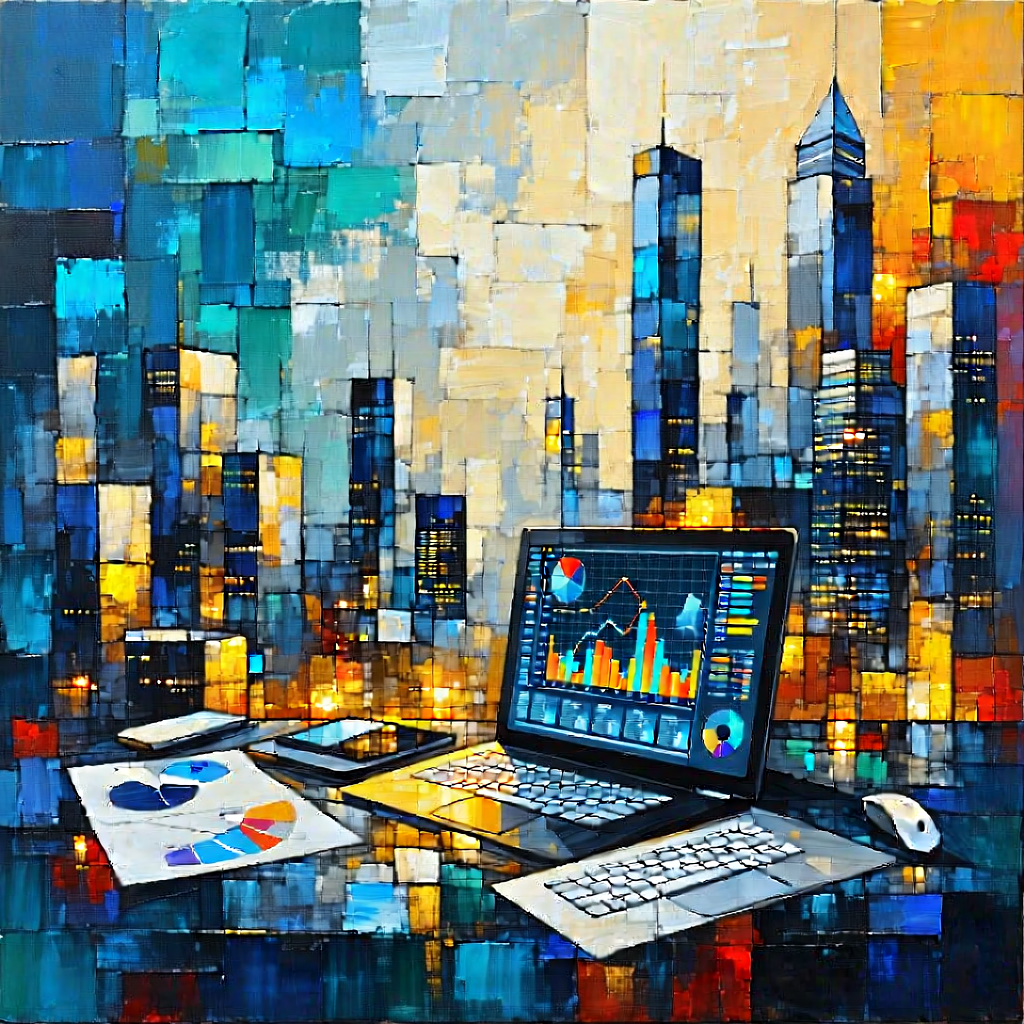 Tech Acrylic Painting: Financial Technology In Tech Office With Laptop Computer