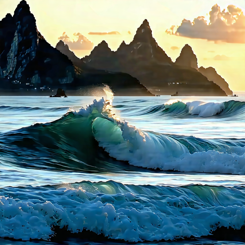 Nature Architectural Photography: (ocean:1.35) Waves Surrounded By (mountain:1.16) Peaks With Captures Beautiful