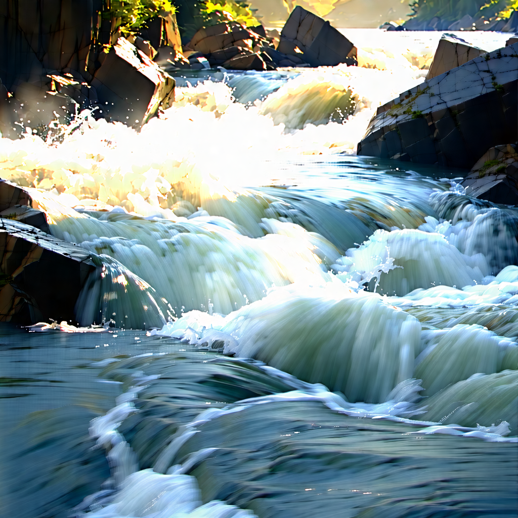 Nature Technical Illustration: Rushing River Surrounded By Rocky Shores With River Large