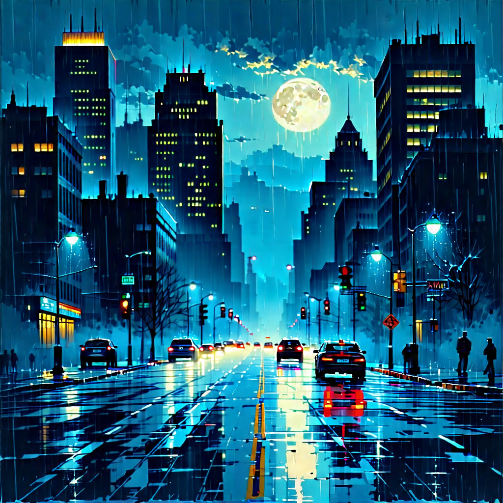 Urban Woodcut Print: Cityscape Of Downtown District During Rainy Evening With City Street