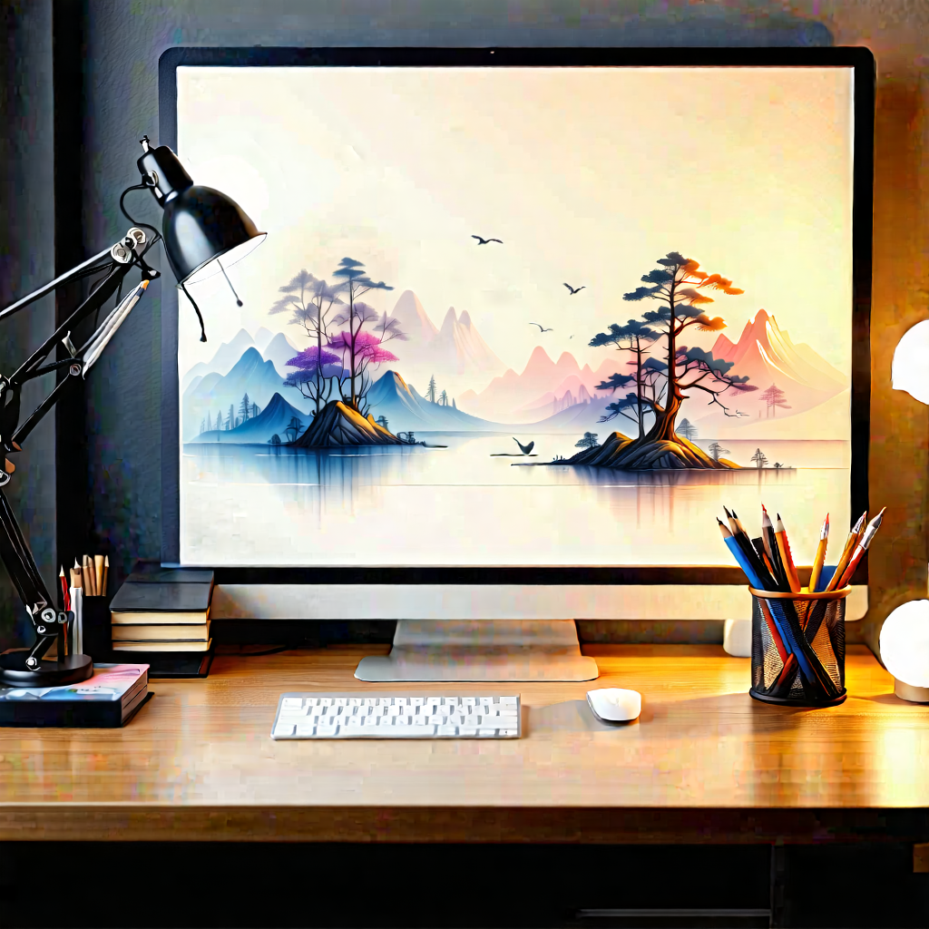 Lifestyle Pastel Drawing: Home Office With Warm (lighting:1.27) With Computer Monitor