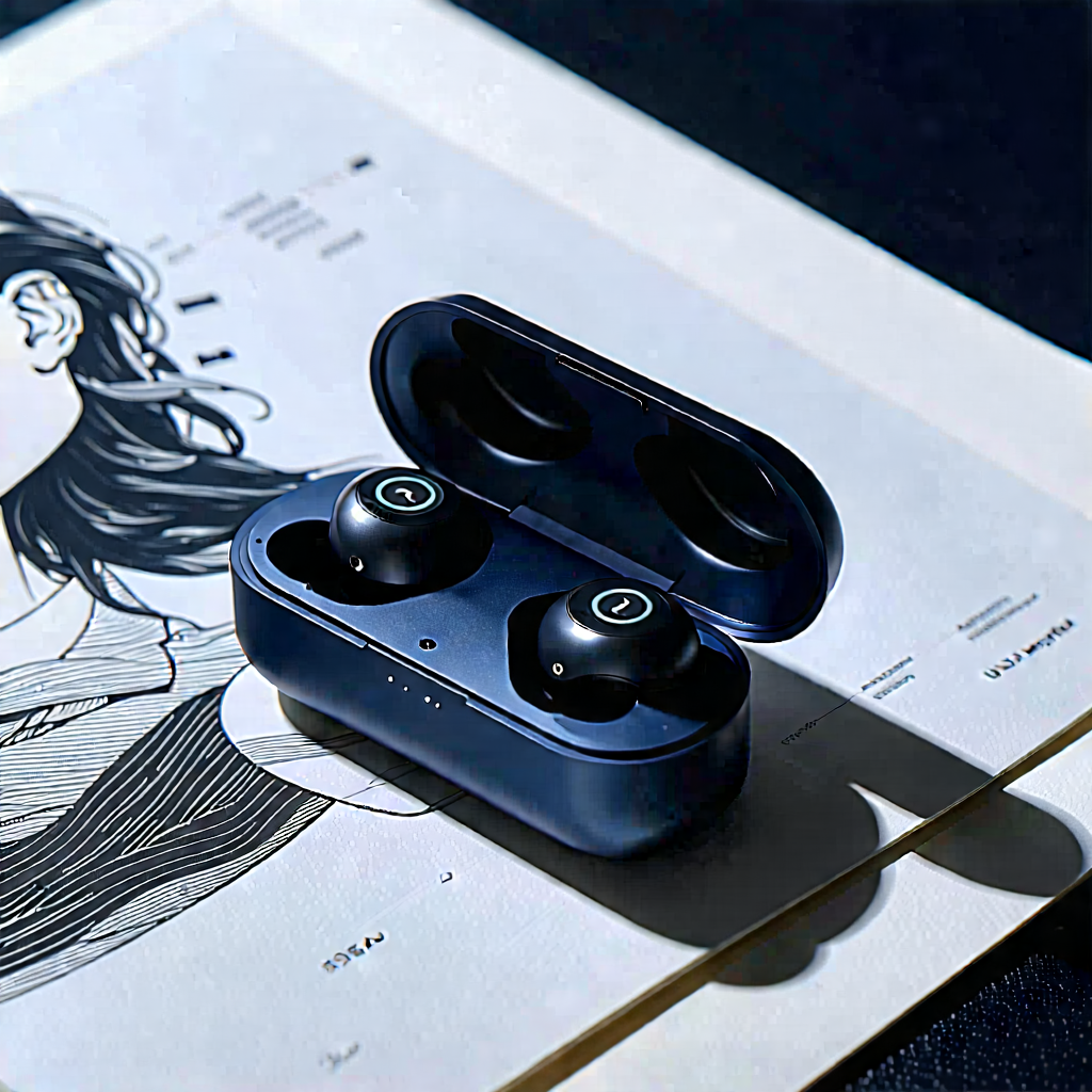 Tech Woodcut Print: Wireless earbuds with data visualization