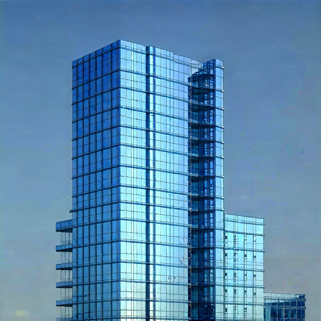 Urban Concept Art: Glass Office Tower With Reflective Glass With Large Building
