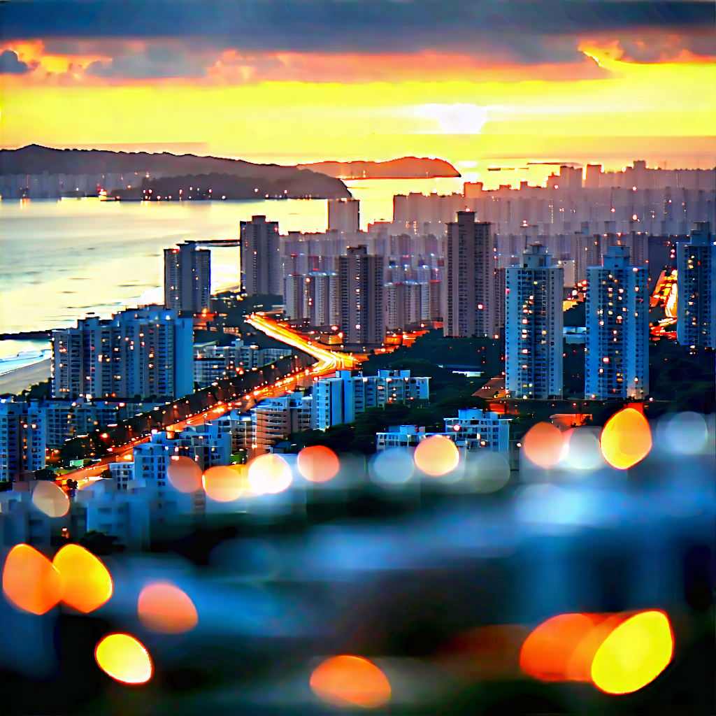 Urban Architectural Photography: Cityscape of coastal city during sunrise