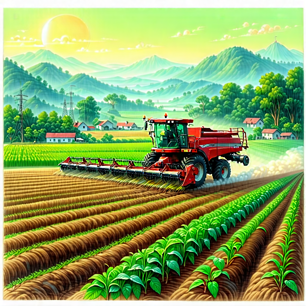 Tech Pastel Drawing: Agricultural Technology In Manufacturing Facility With Painting Tractor