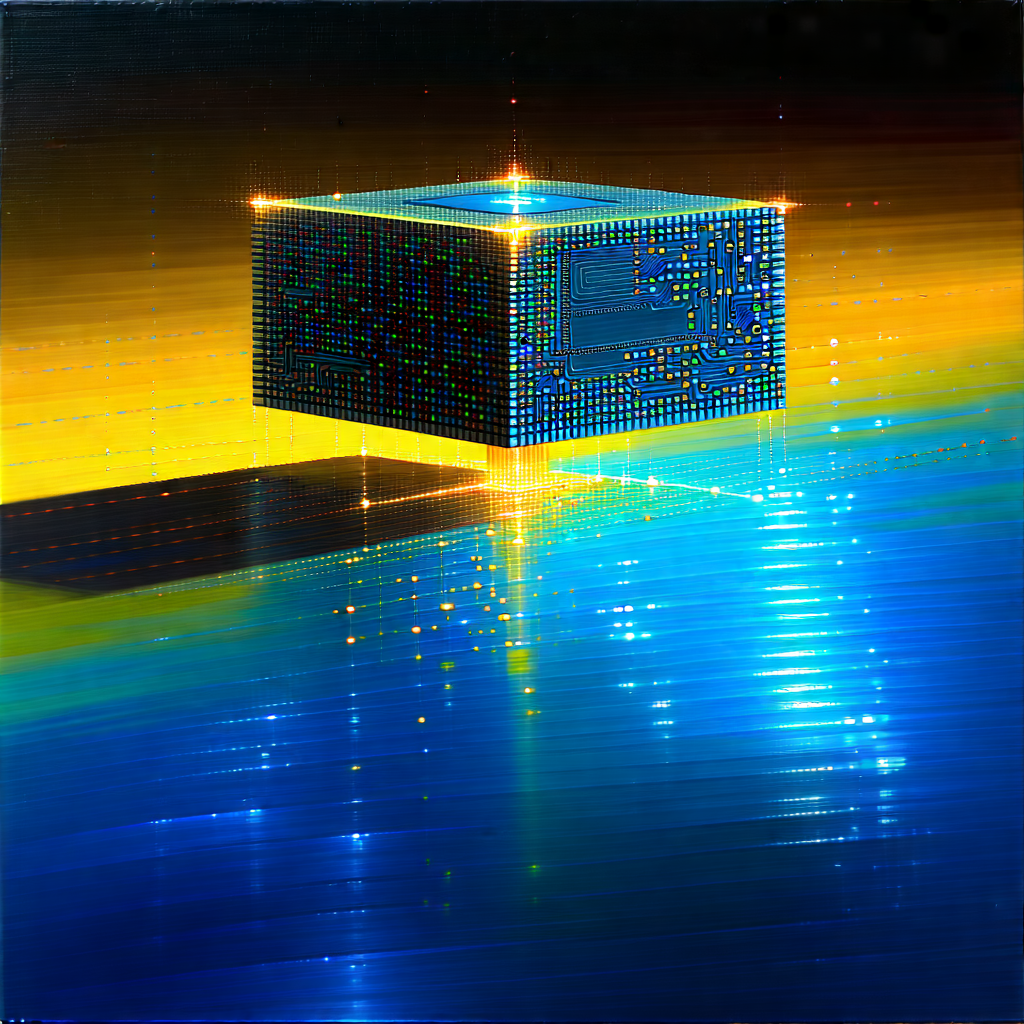 Tech Oil Painting: Quantum Computer With Data Streams With Large, Blue,