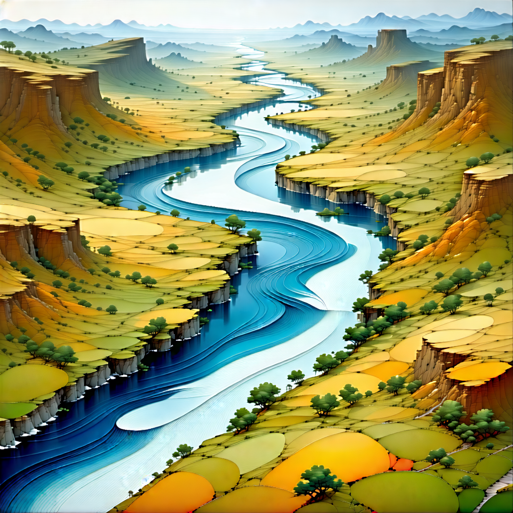 Nature Ink Drawing: Aerial view of winding river