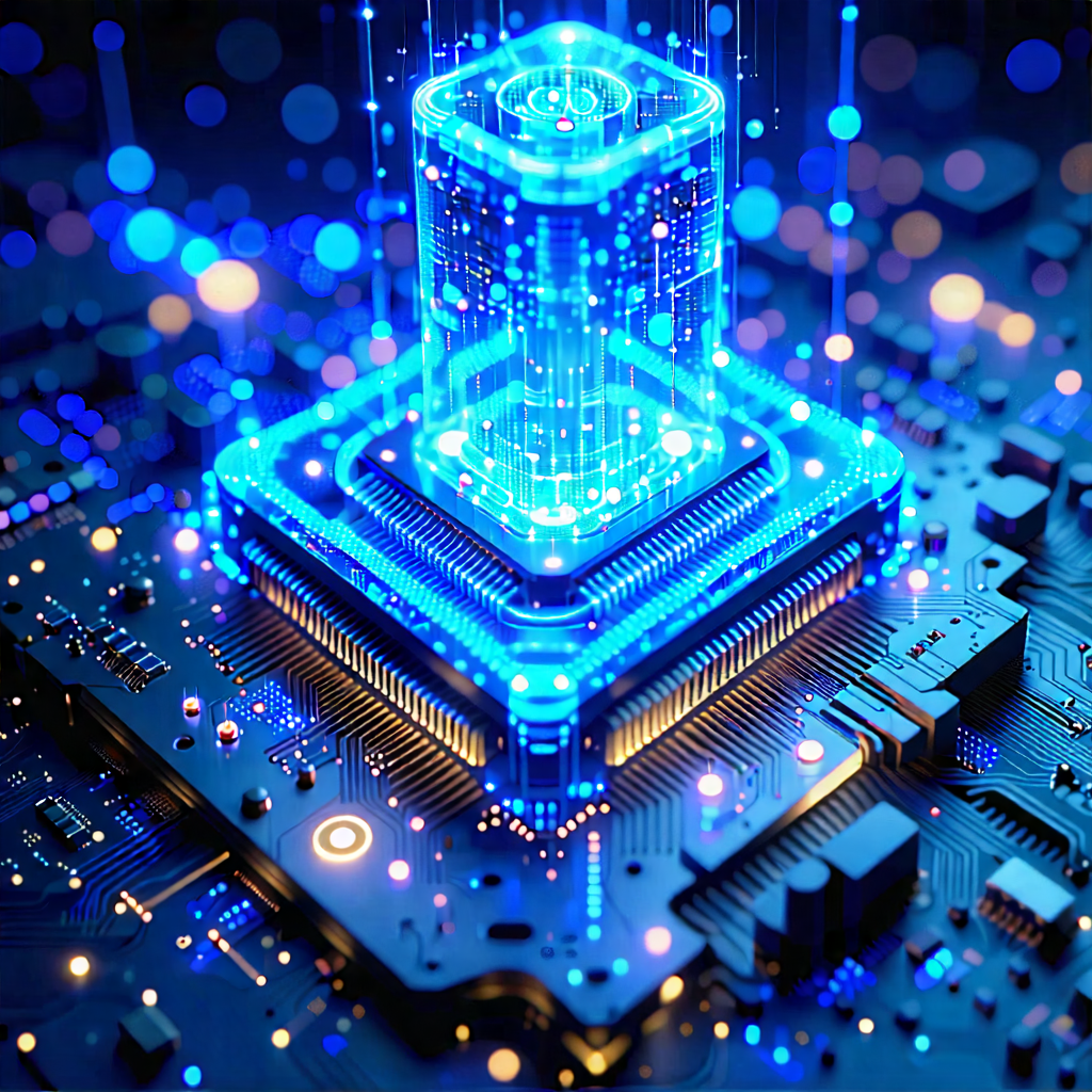 Tech Digital Illustration: Quantum Computer With Blue Light Glow With Futuristic Computer