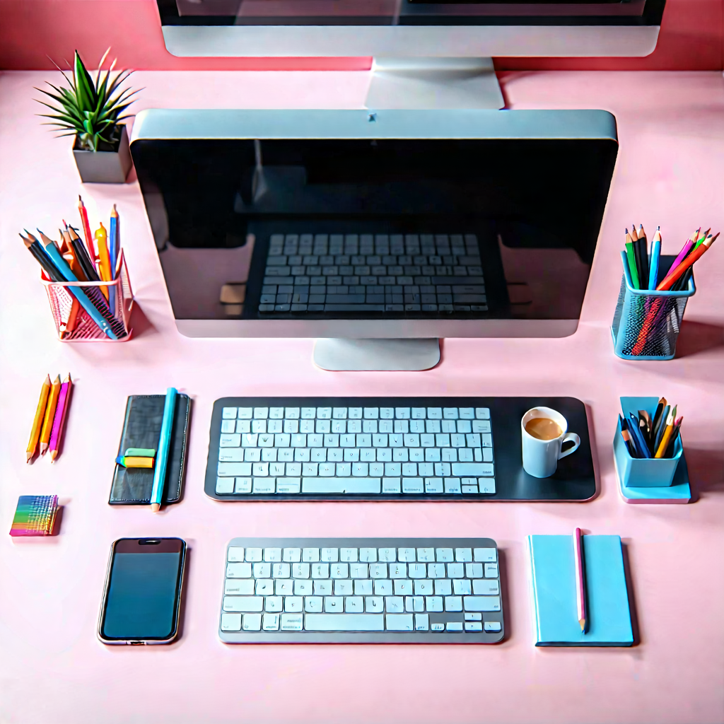 Business Aerial Photography: Workplace with (modern:1.47) office supplies on desk