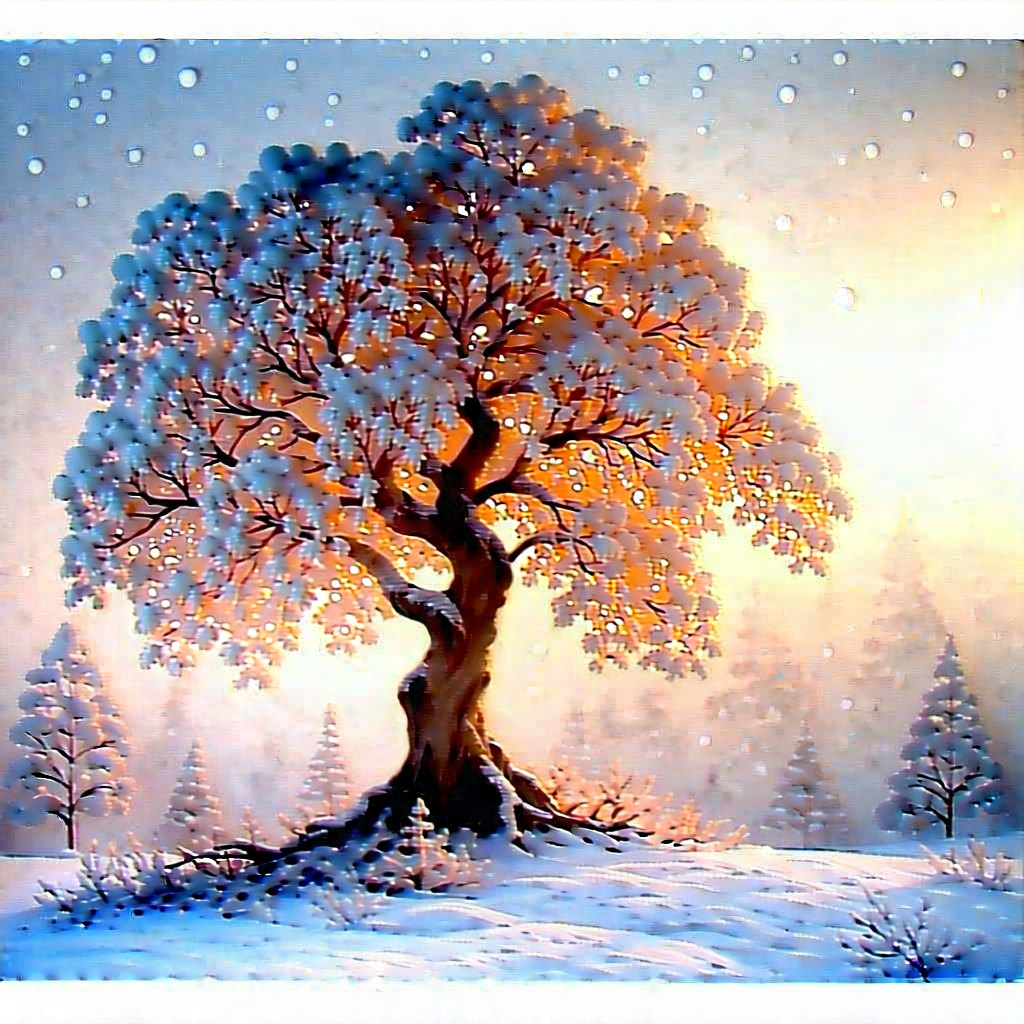 Nature Watercolor Painting: Ancient Tree In Winter (snow:1.39) With Beautiful Snowy