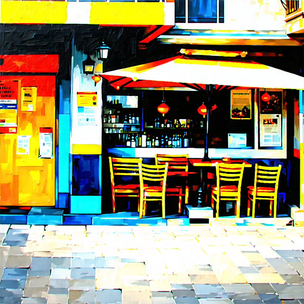 Urban Oil Painting: Urban street with outdoor seating