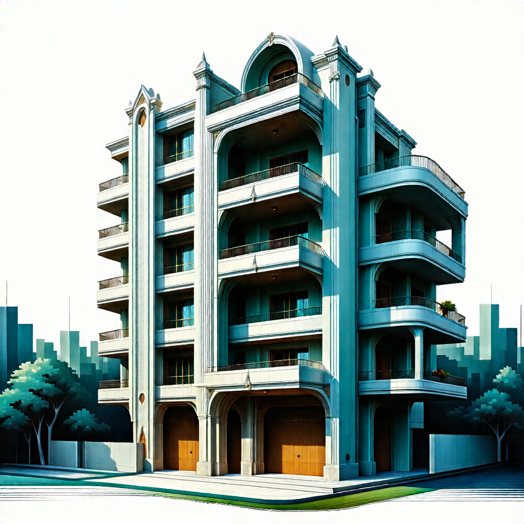 Urban Woodcut Print: Modern Apartment Complex With Ornate Details With Drawing Large,