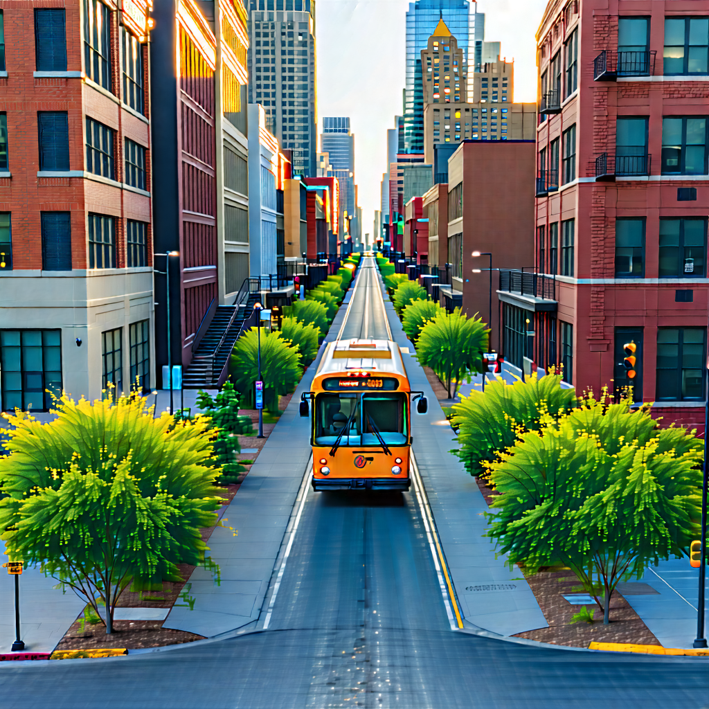 Urban Aerial Photography: (city:1.24) Bus In Arts District With City Street