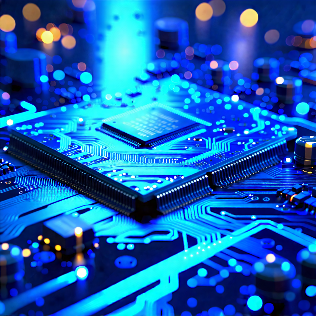 Tech Digital Art: Circuit Board With Blue Light Glow With Close-up Computer