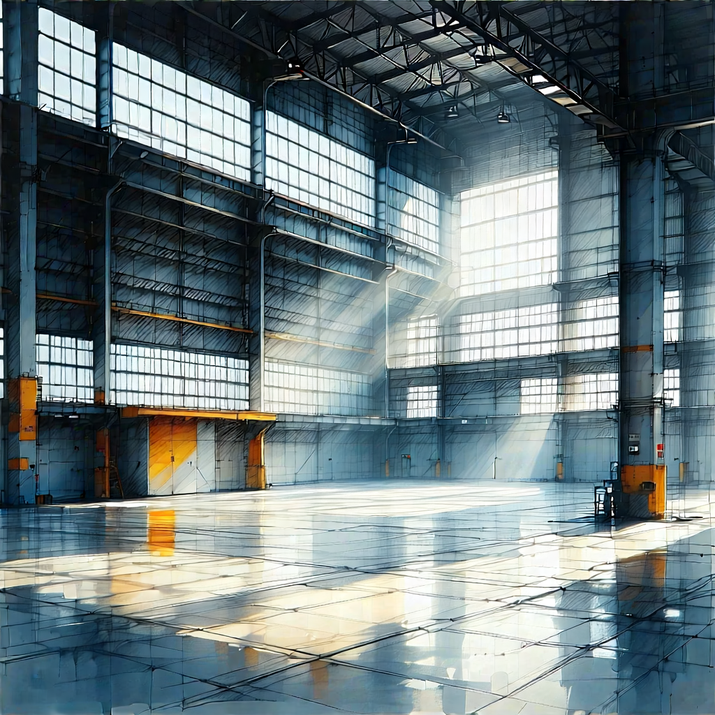 Urban Pencil Sketch: Converted Warehouse With Reflective Glass With Painting Large