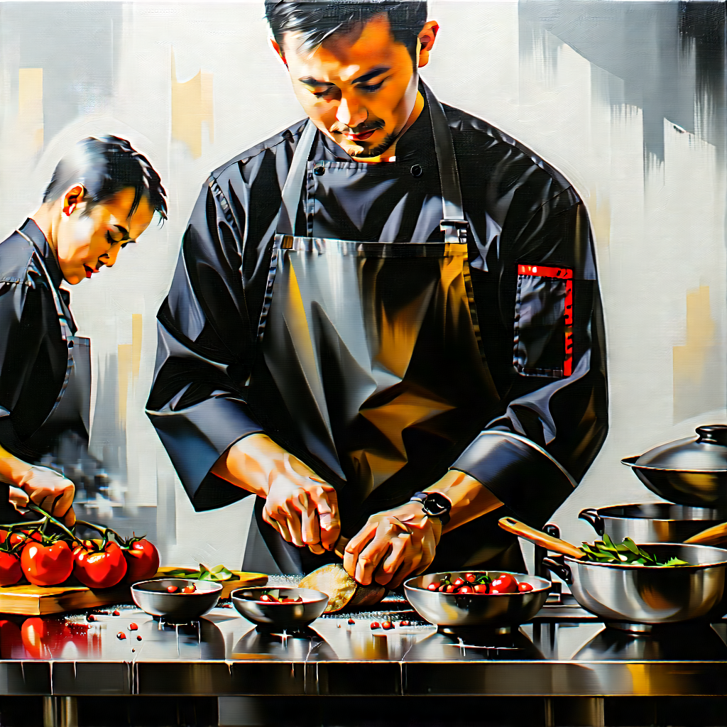 Lifestyle Oil Painting: Cooking class with colleagues