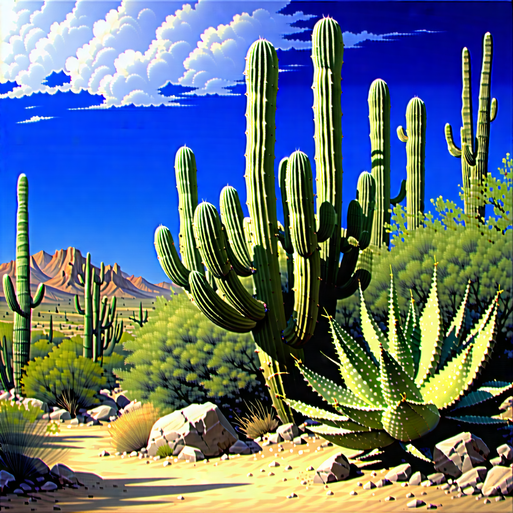 Nature Acrylic Painting: Cactus In Natural Setting With Desert Landscape