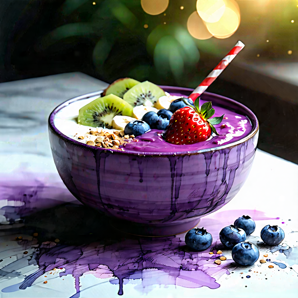 Lifestyle Ink Drawing: Smoothie Bowl Prepared With Organic Components With Large Bowl