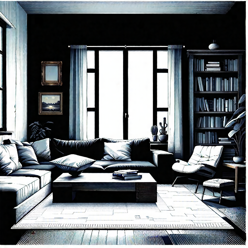 Lifestyle Linocut Print: Cozy Living Room With Organized Space With Black White