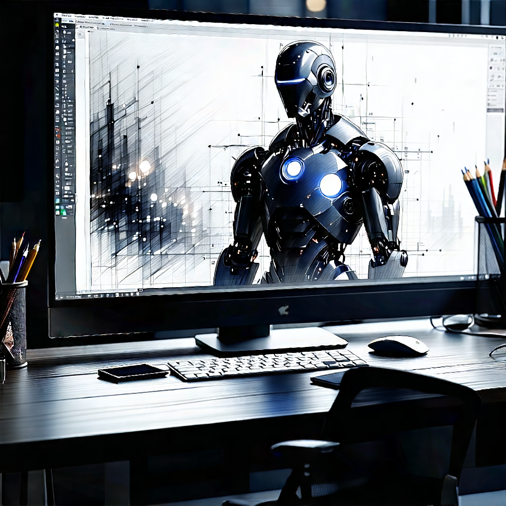 Tech Charcoal Drawing: Futuristic digital workspace