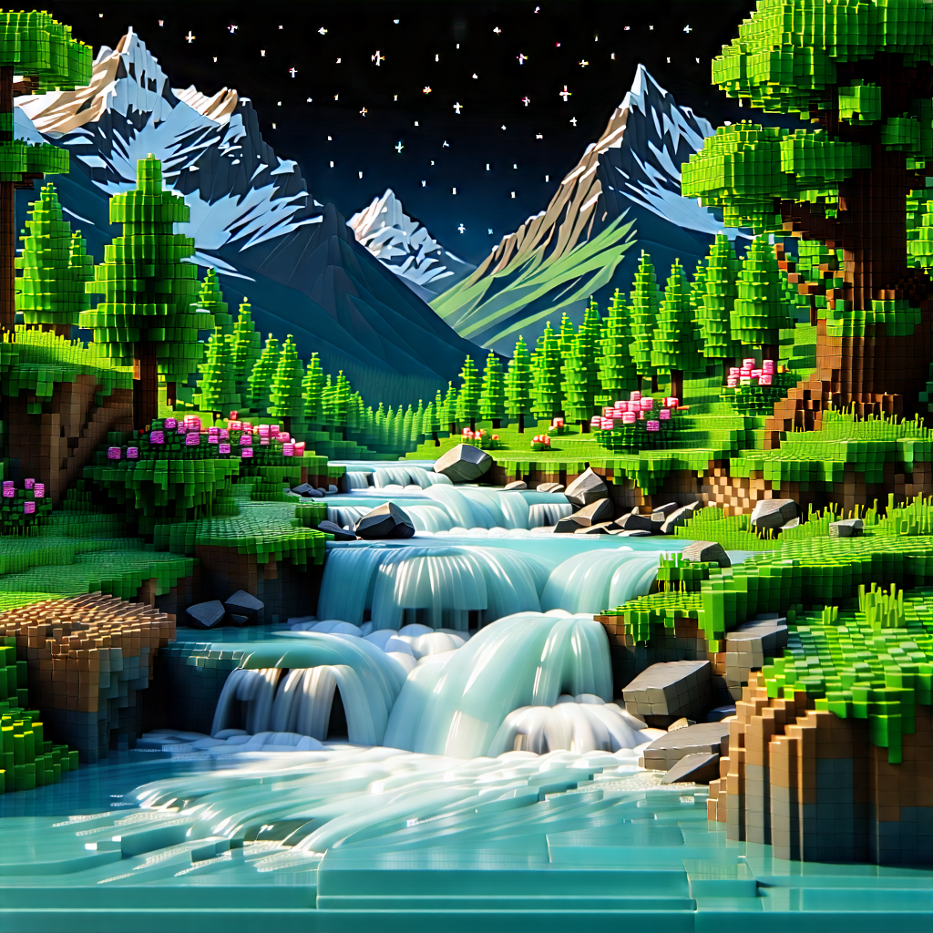 Nature Voxel Art: Mountain Stream Surrounded By Lush Vegetation With Computer-generated, Model