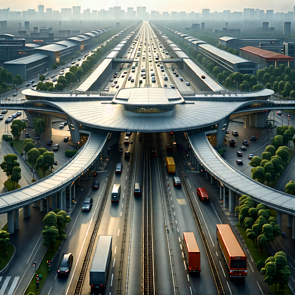 Urban Matte Painting: Aerial View Of Transportation Hub With Large, Futuristic