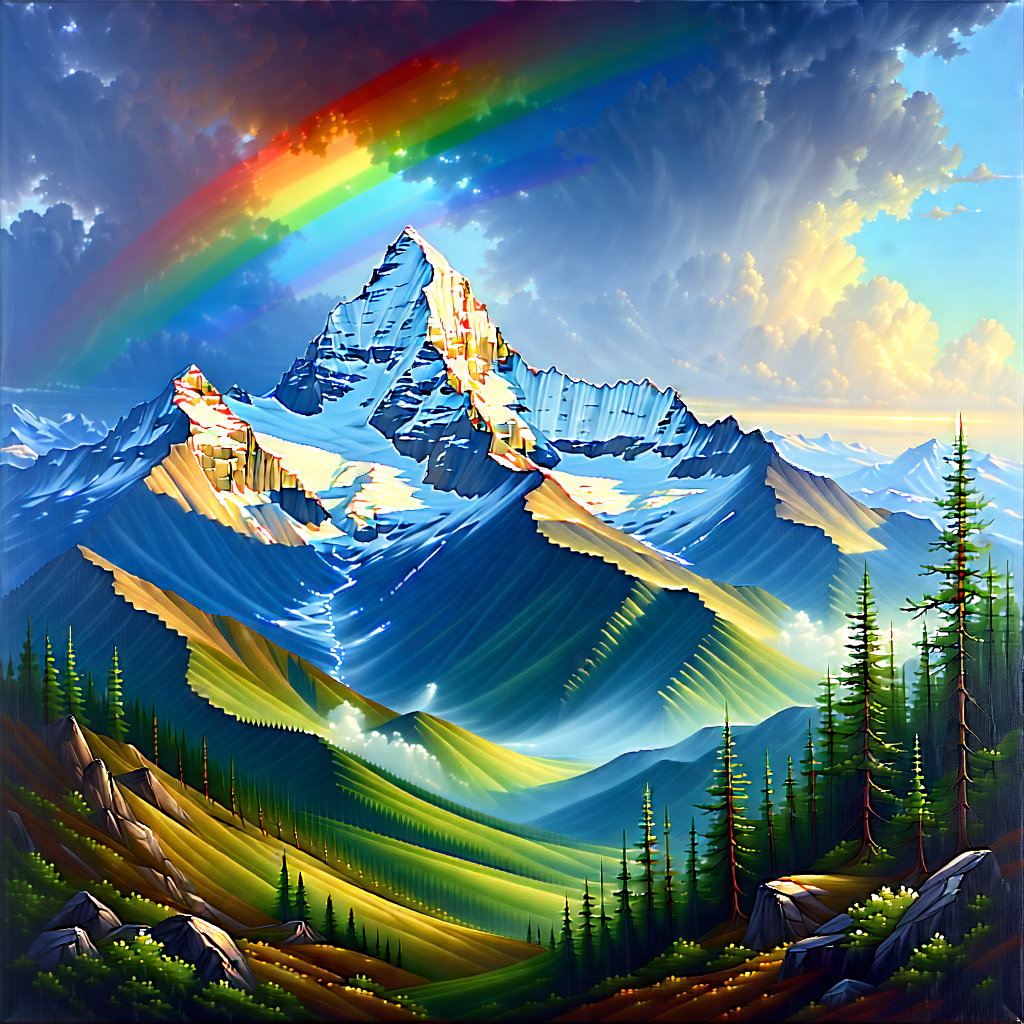 Nature Acrylic Painting: Rainbow Over Mountain Peak With Beautiful Mountain