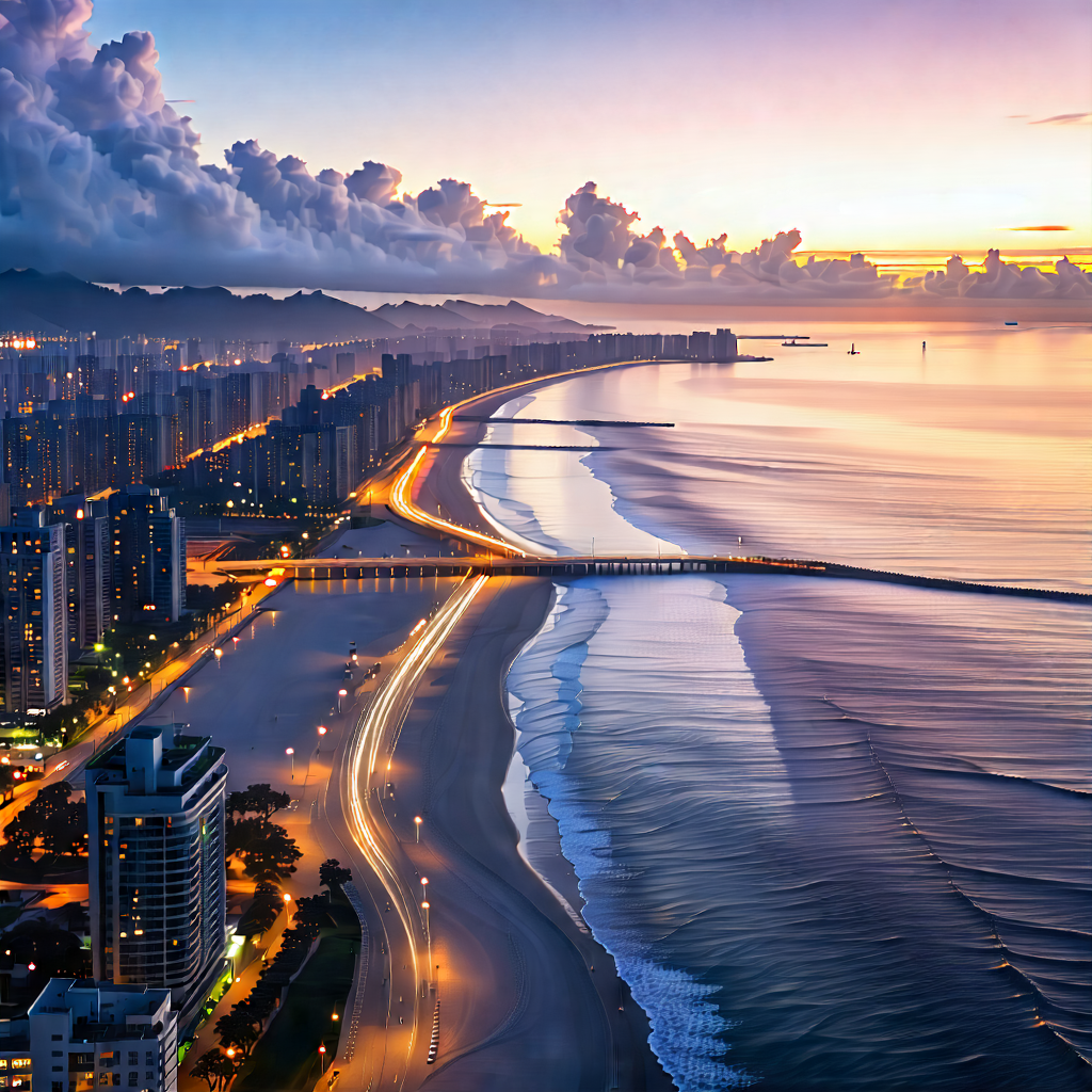 Urban Commercial Photography: Cityscape of coastal (city:1.28) during sunrise