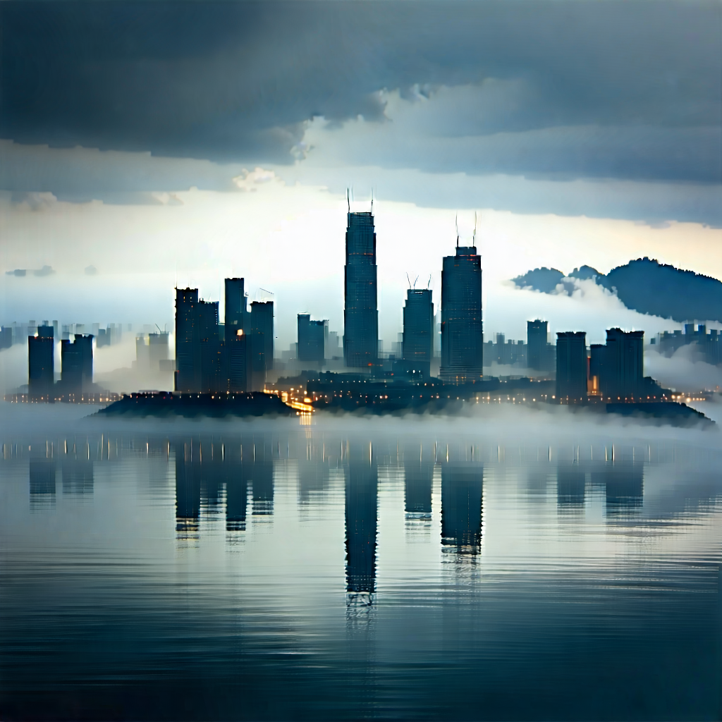 Urban Concept Art: Cityscape Of Urban Skyline During Foggy Morning With Large City