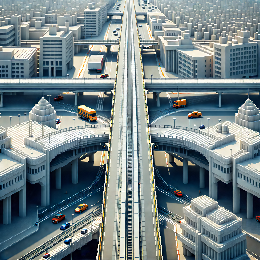 Urban Voxel Art: Aerial View Of Transportation Hub With Image, There