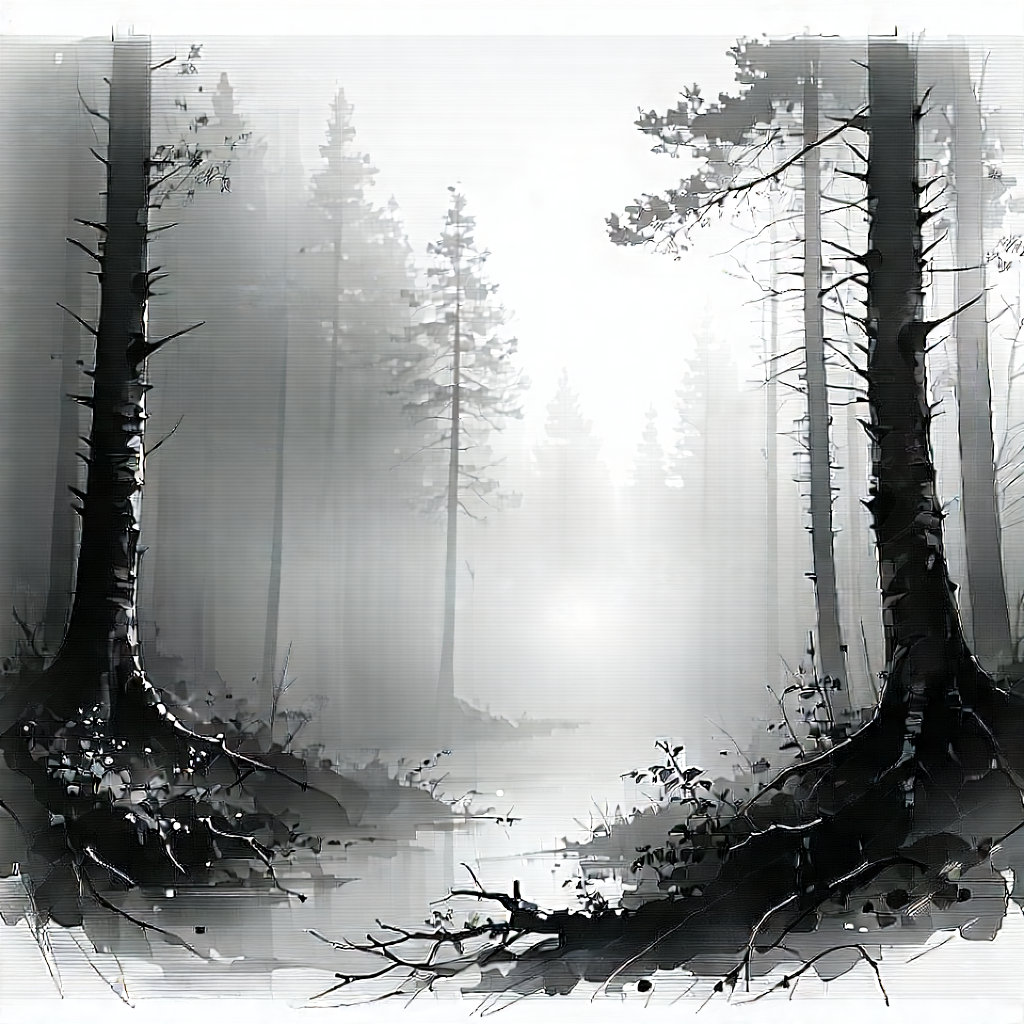 Nature Pencil Sketch: Forest Scene During Foggy Morning With Forest Scene