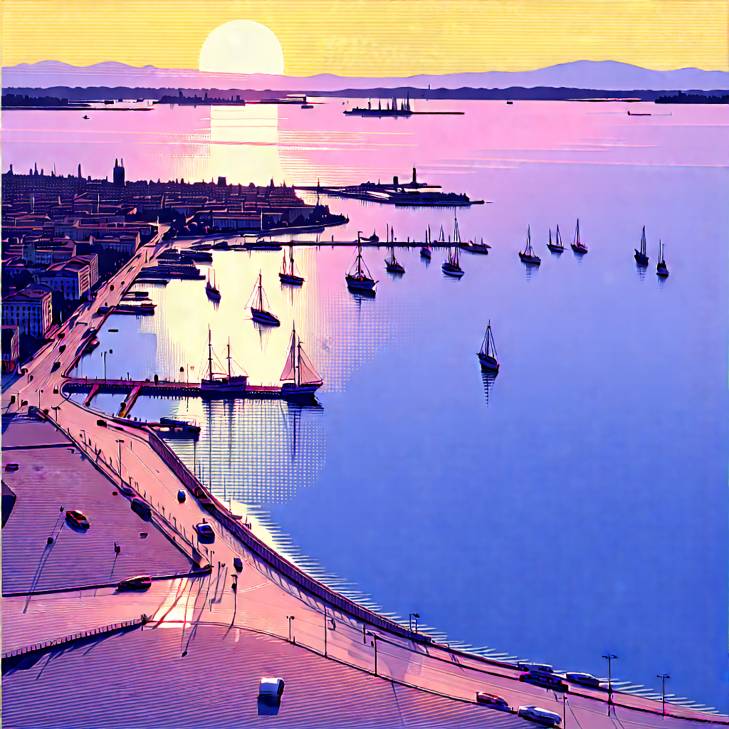 Urban Woodcut Print: Aerial View Of Harbor District With Painting Harbor