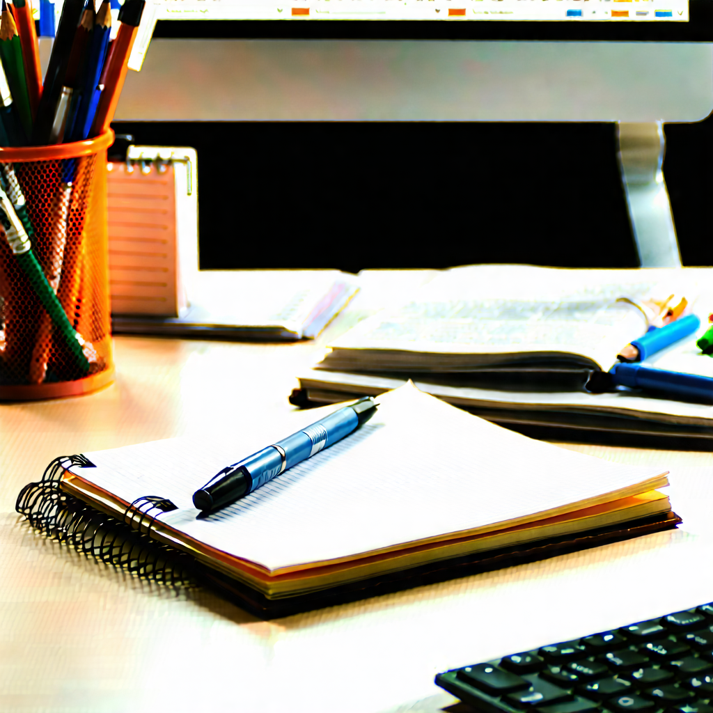Business Matte Painting: Workplace With Notebooks And Pens On Desk With Desk Filled
