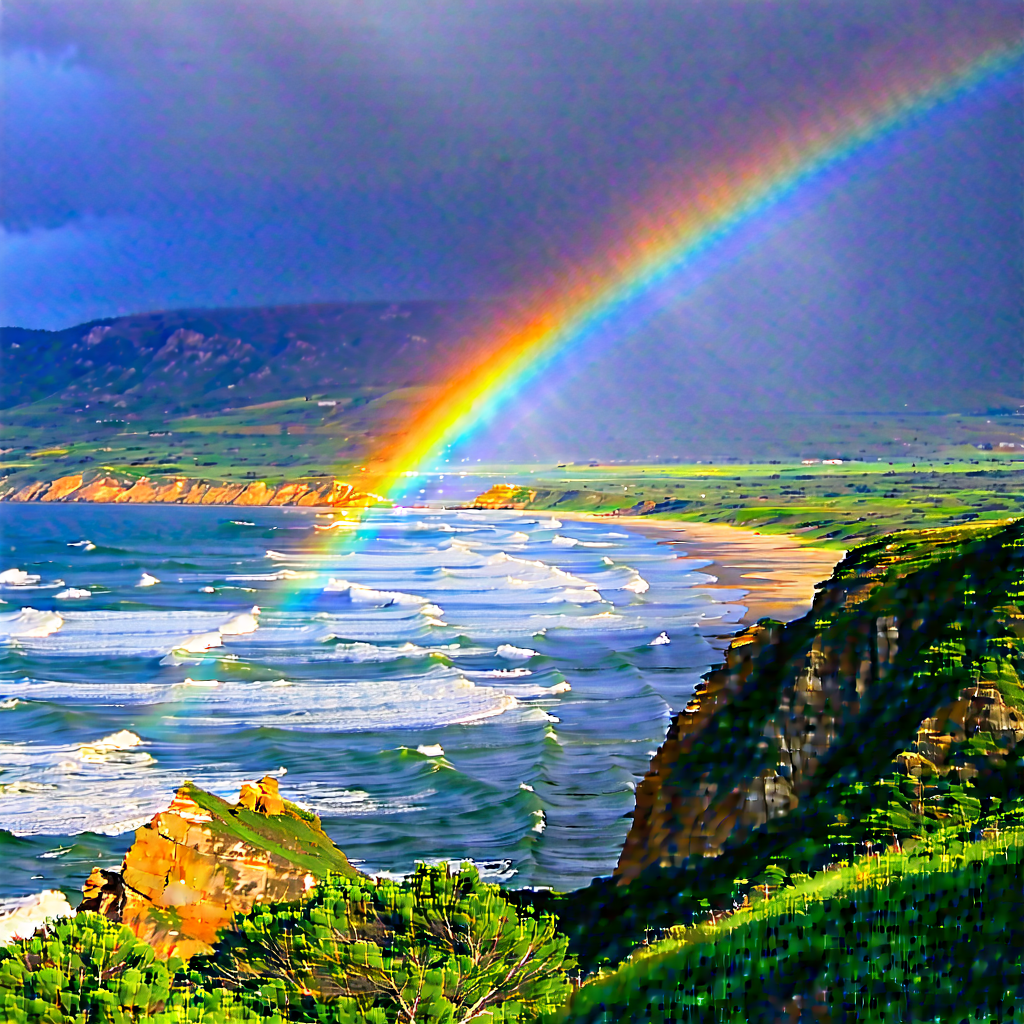 Nature Matte Painting: Rainbow Over Coastline With Beautiful Rainbow