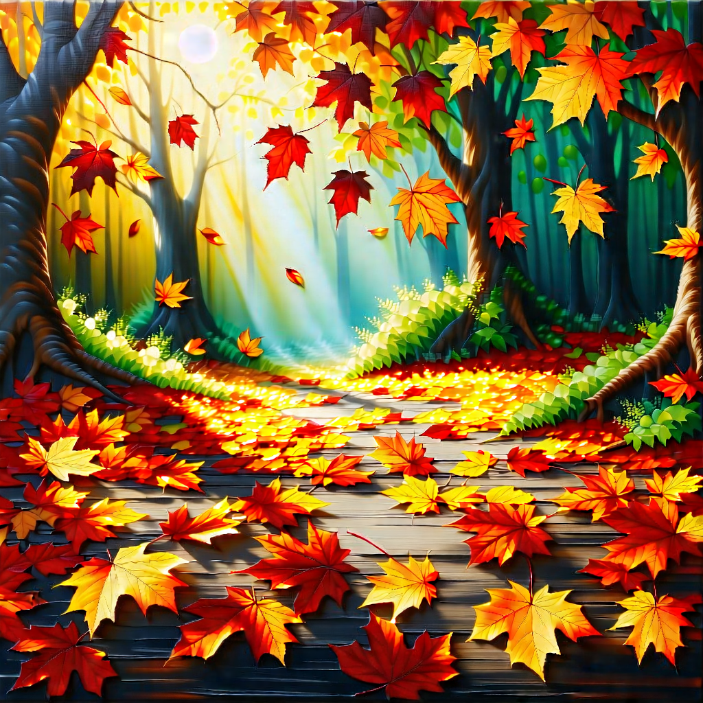 Nature Acrylic Painting: Autumn Leaves In Natural Setting With Beautiful Forest